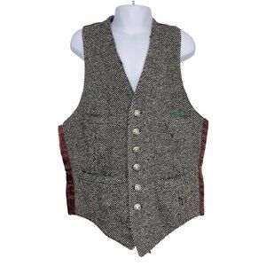 Vintage Boys Vest S Black White Tweed Chevron Sleeveless Waistcoat
